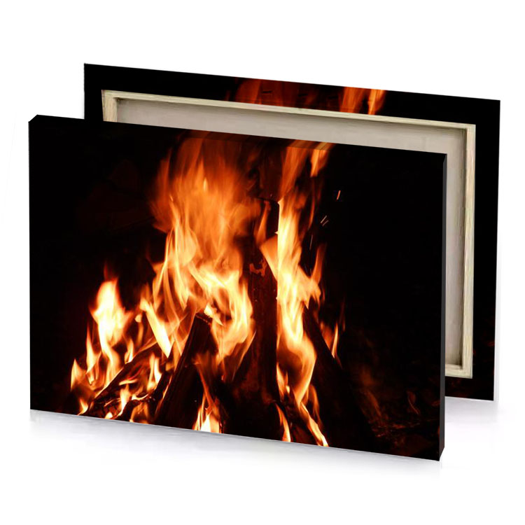 a fire is lit in the dark sand brown canvas