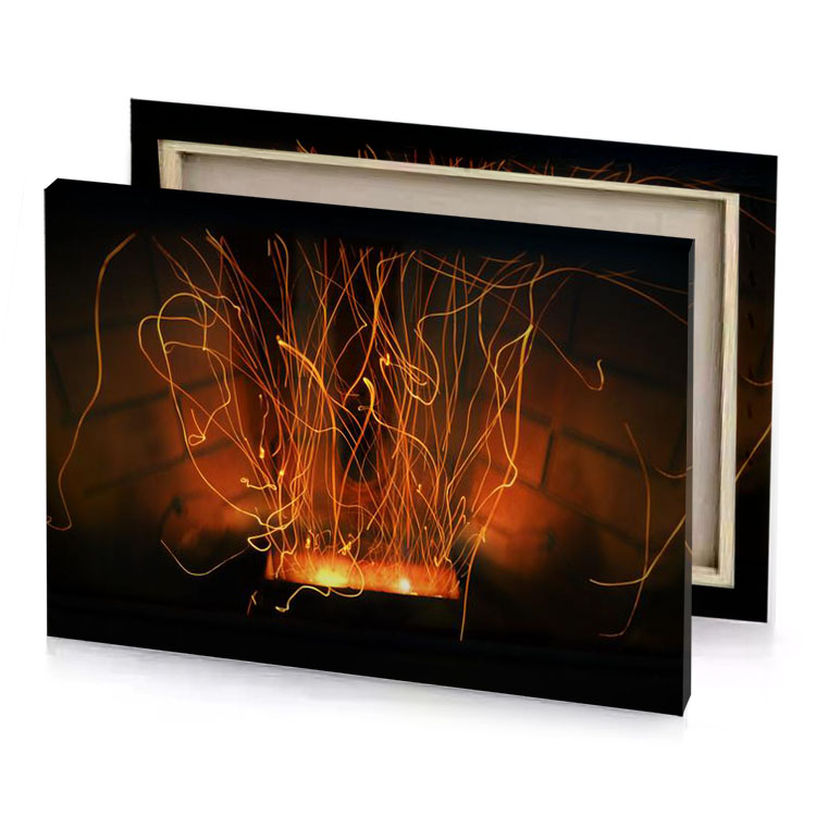 a fire is lit in the fireplace saddle brown canvas
