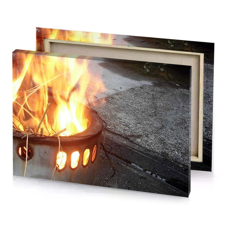 a fire pit with flames burning in it saddle brown canvas