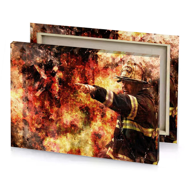 a firefighter pointing at fire zinnwaldite brown canvas