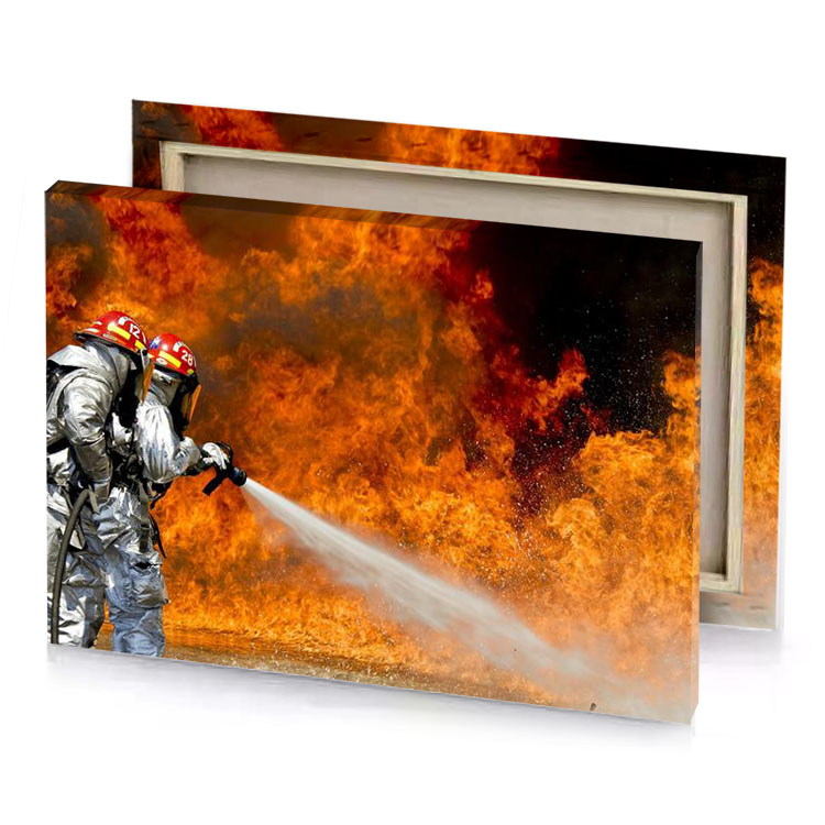 a firefighter spraying water on fire mahogany canvas