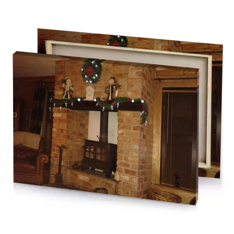 a fireplace with christmas wreath on top copper canvas
