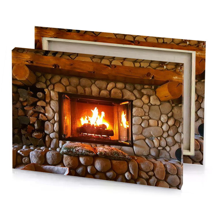 a fireplace with fire in it mahogany canvas