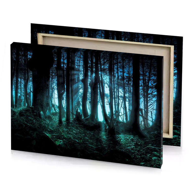 a forest with light shining through the trees moonstone blue canvas