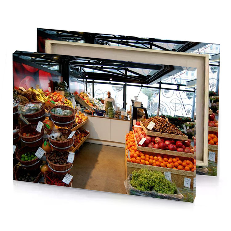 a fruit stand with baskets of and vegetables copper canvas