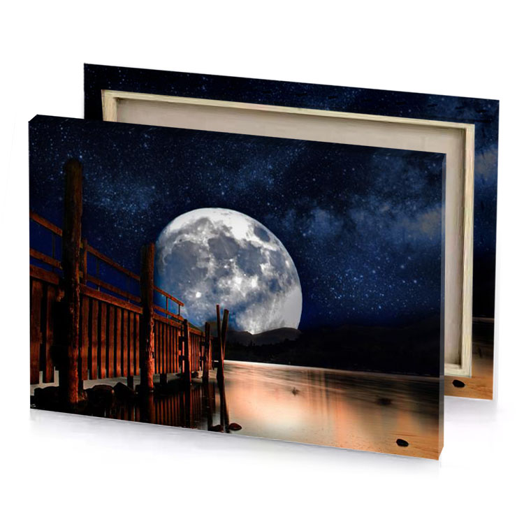 a full moon is seen over lake gray canvas