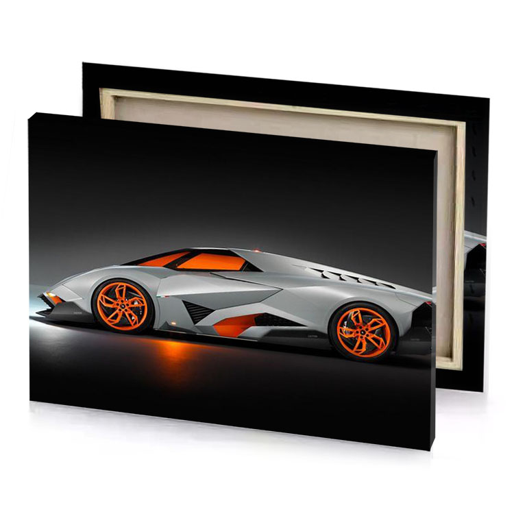 a futuristic car with orange wheels and international canvas