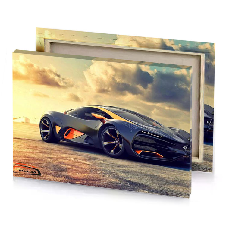 a futuristic car with orange wheels and rims rosy brown canvas