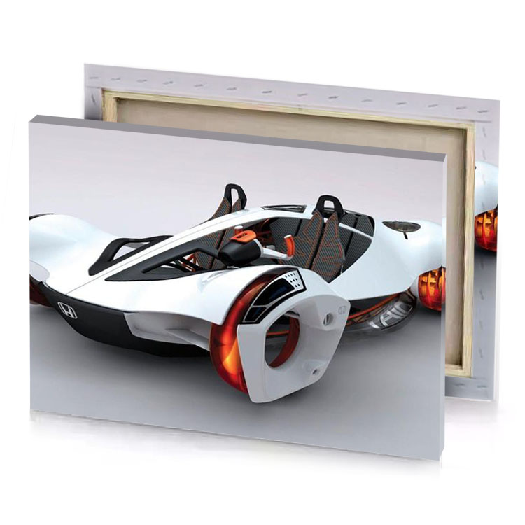 a futuristic car with red light on the side white smoke canvas