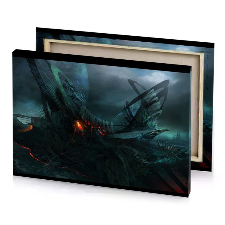 a futuristic city with giant monster like creature smoky black canvas