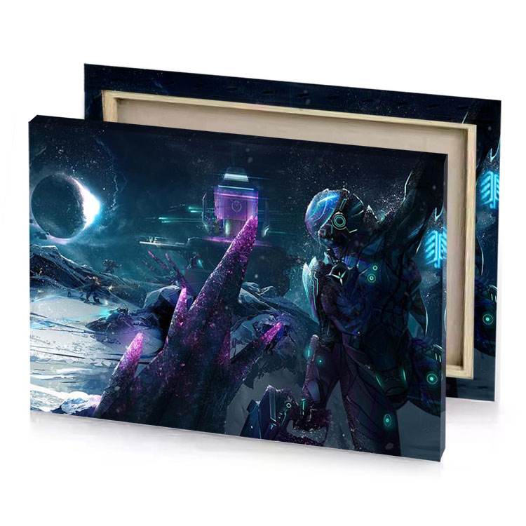 a futuristic city with giant robot in the middle dark cornflower blue canvas