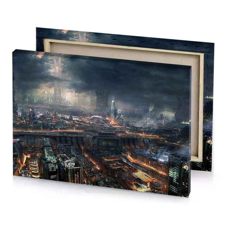 a futuristic city with lot of lights gray canvas