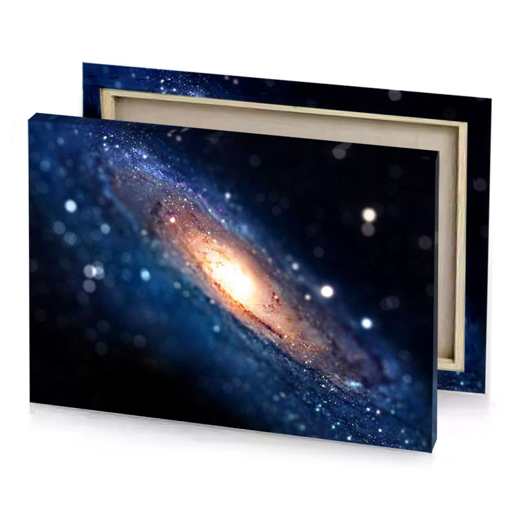 a galaxy with stars and bright blue star peach canvas