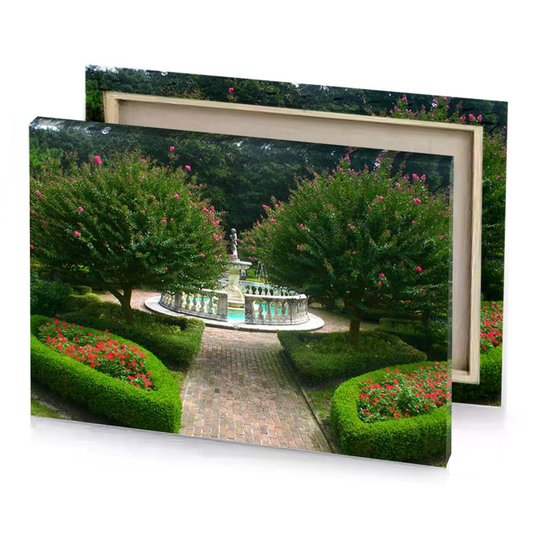 a garden with fountain and flowers bistre canvas