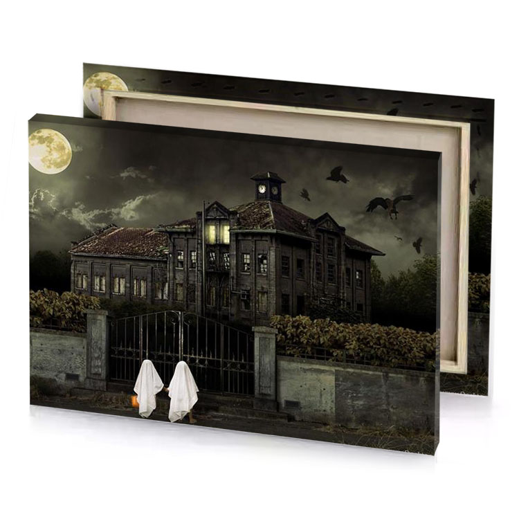 a ghostly ghost walking in front of haunted house dark olive green canvas