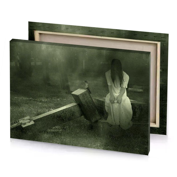 a ghostly woman in graveyard hunter green canvas