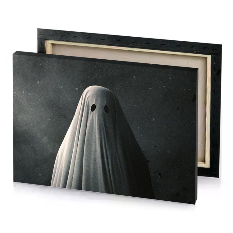 a ghostly woman in white cloak with black background charcoal canvas