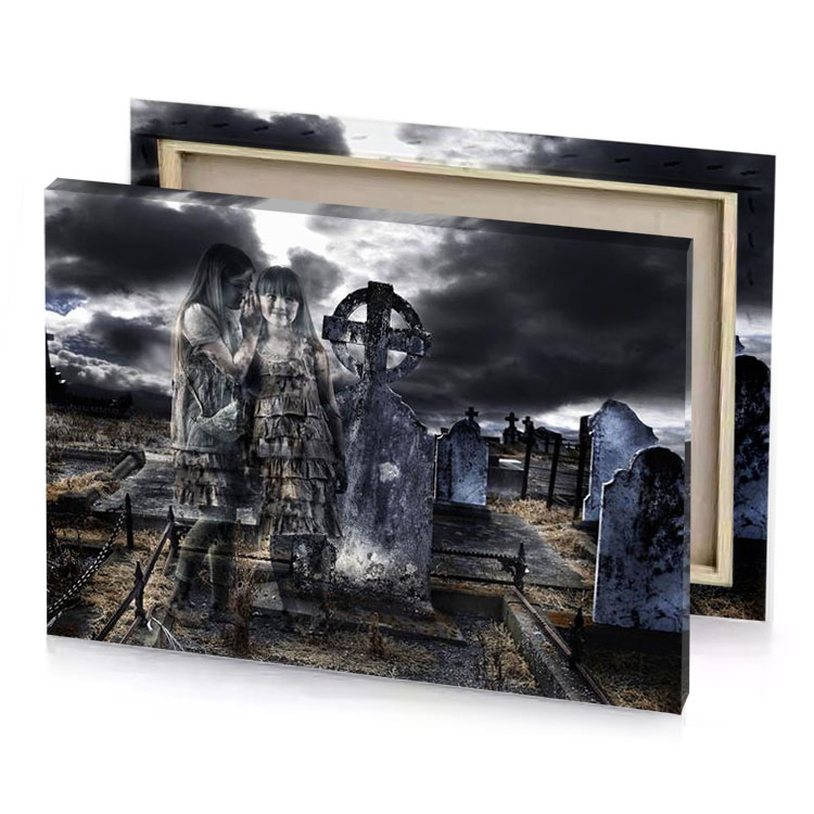 a ghostly woman standing in graveyard taupe canvas