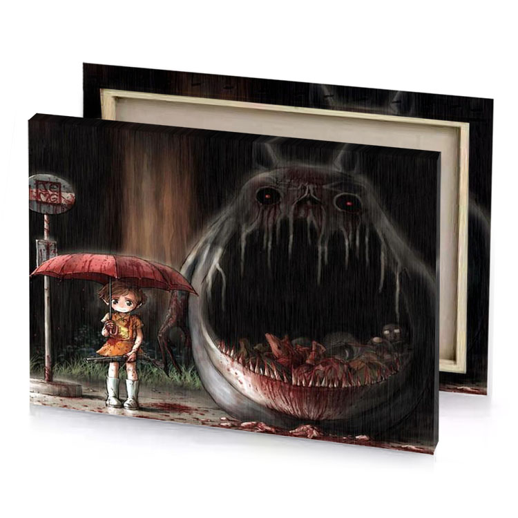 a girl holding an umbrella standing next to giant shark garnet canvas