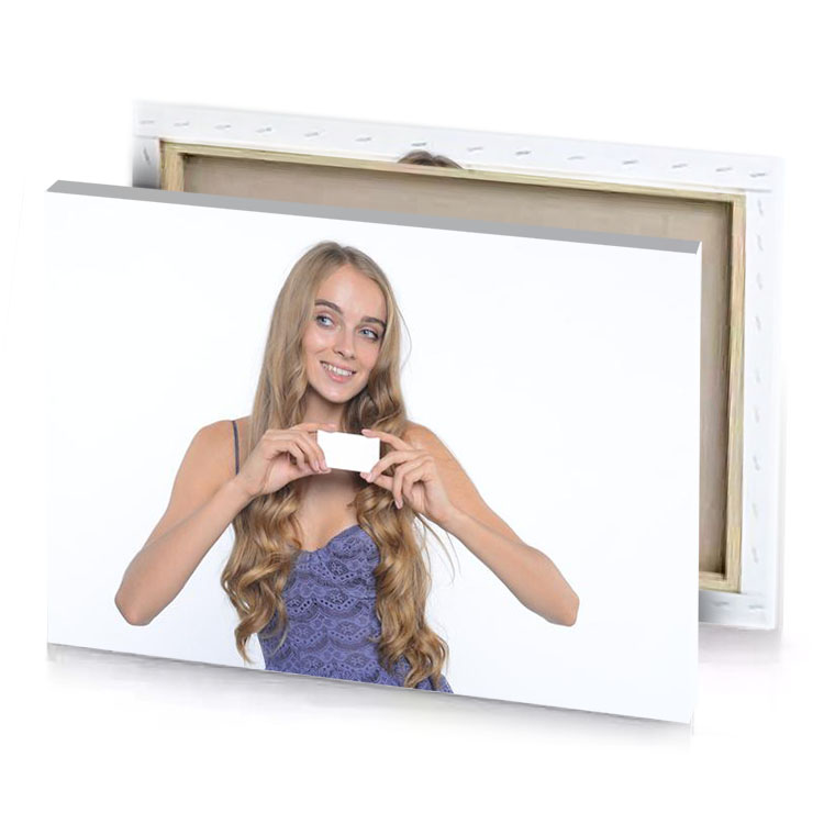 a girl holding business card in her hands ghost white canvas