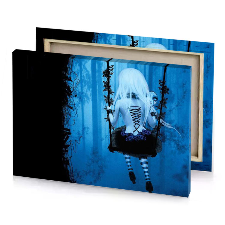 a girl in black dress is sitting on swing maximum blue canvas