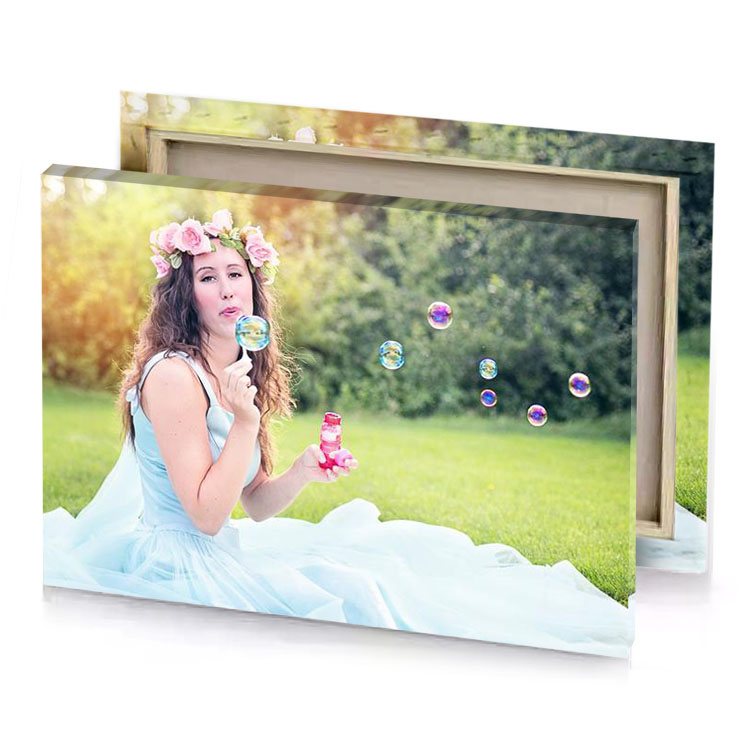 a girl in blue dress blowing bubbles lavender canvas
