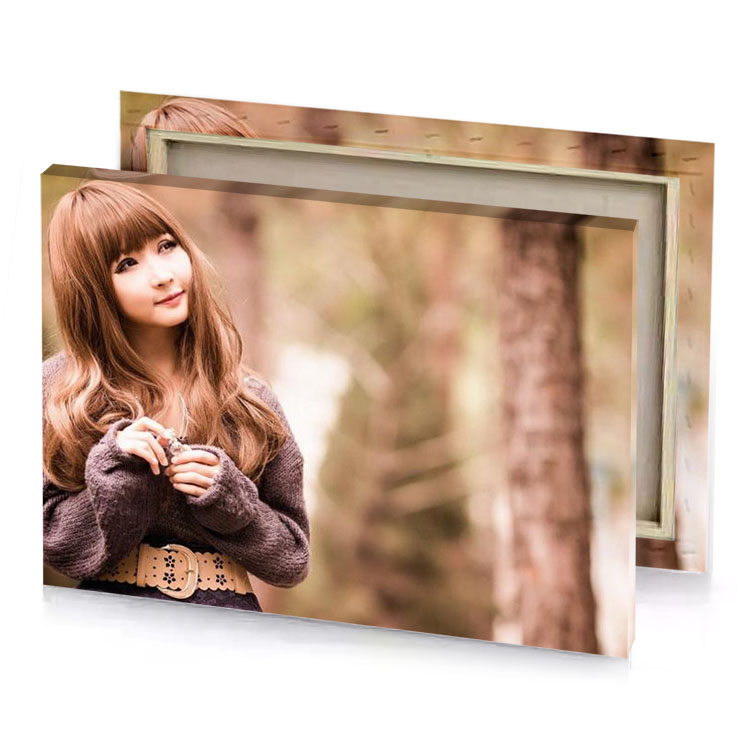 a girl in forest with her hands clasped tan canvas