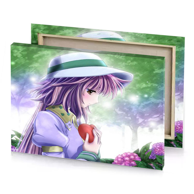 a girl in hat and dress holding an apple dim gray canvas