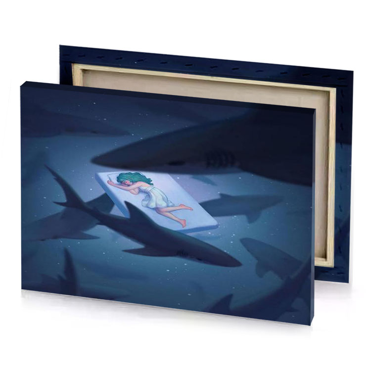 a girl is sleeping in the middle of shark light steel blue canvas