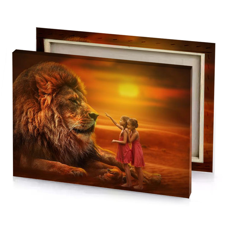 a girl is standing next to lion carrot orange canvas