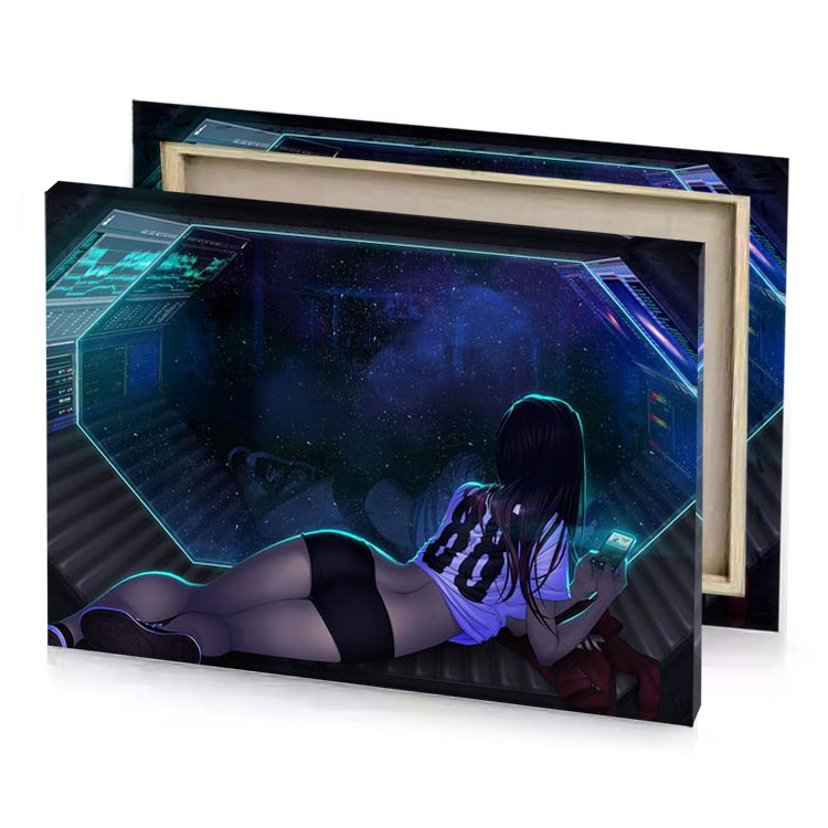 a girl laying on the floor in front of computer midnight blue canvas