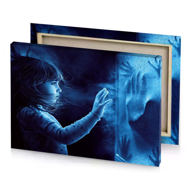 a girl looking out the window at ghost steel blue canvas