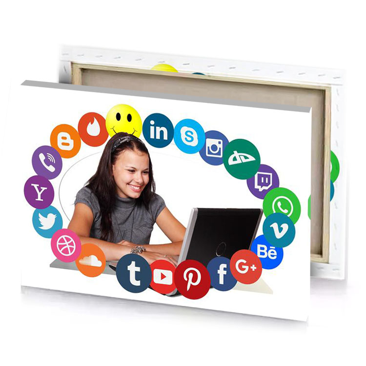 a girl sitting at laptop surrounded by social icons snow canvas