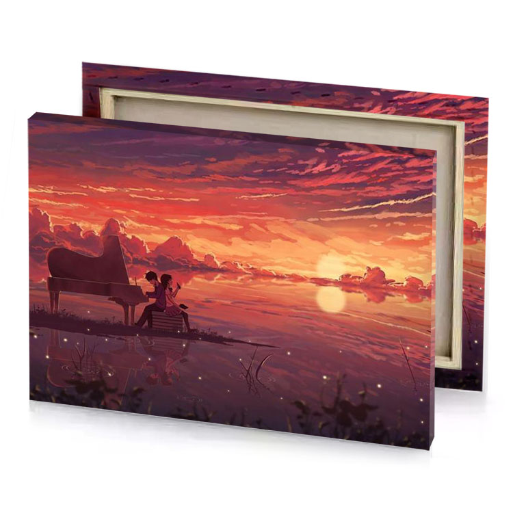 a girl sitting on bench looking at the sunset coral canvas