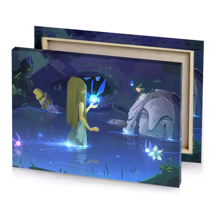a girl standing in pond with light shining on her dark slate blue canvas
