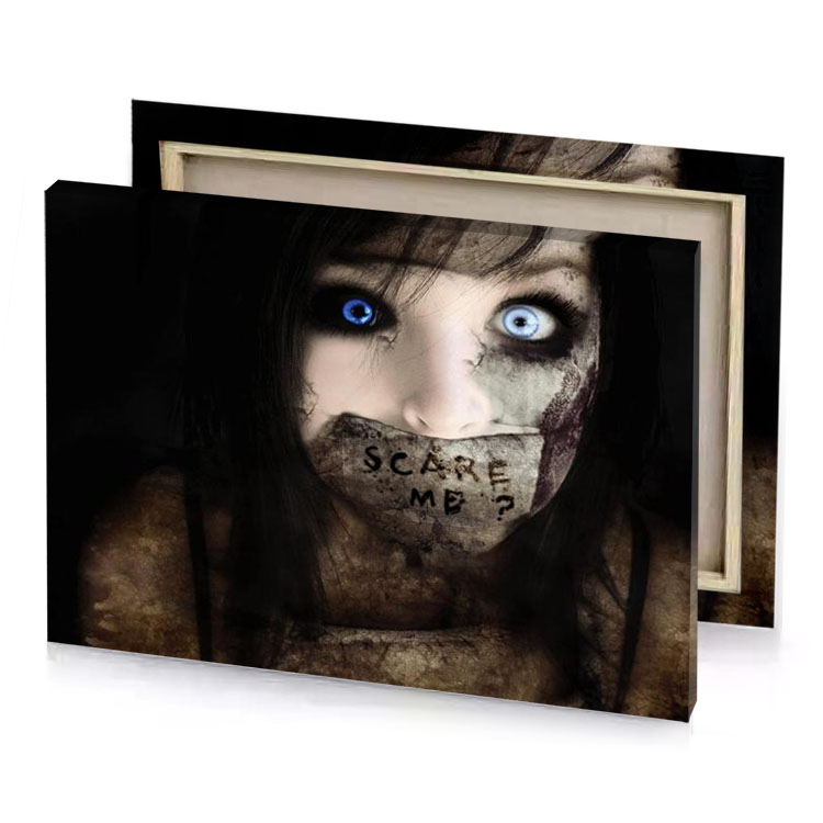a girl with blue eyes and torn face rosy brown canvas