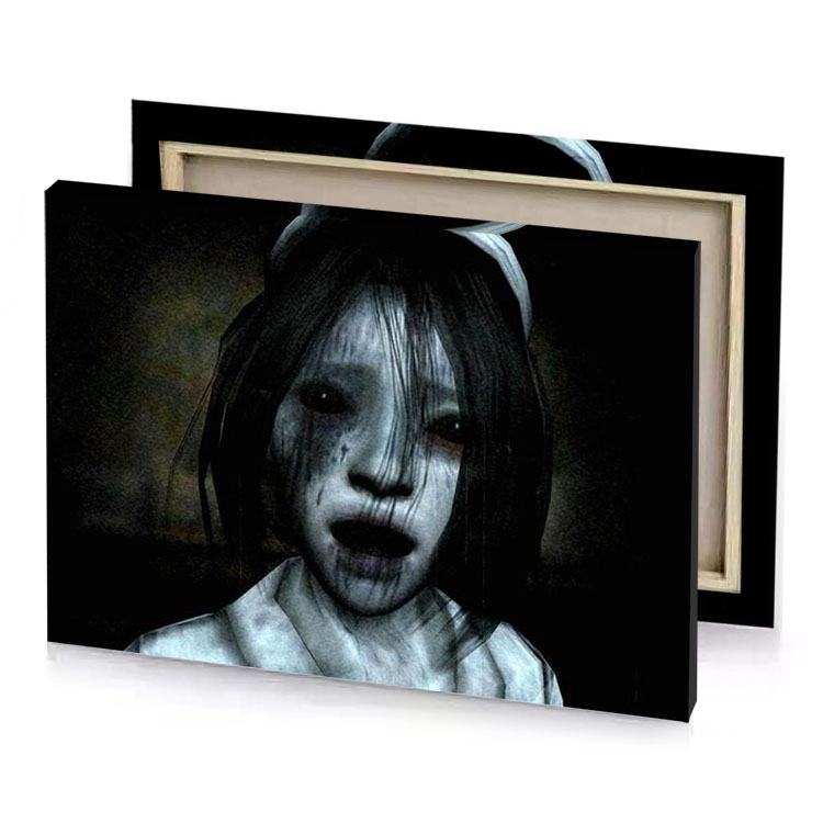 a girl with creepy face and white dress taupe canvas