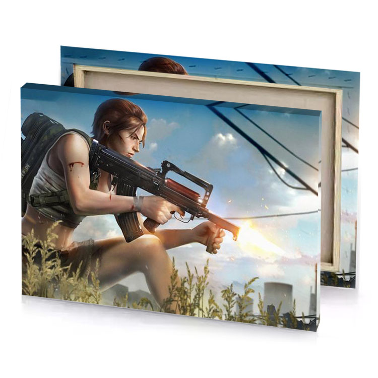 a girl with gun in field camouflage green canvas