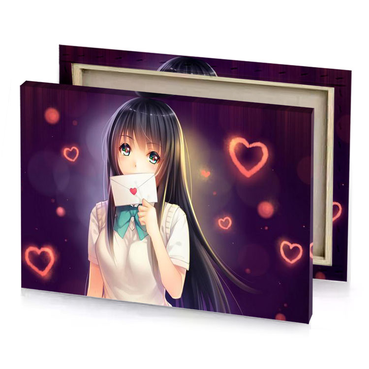 a girl with long hair and white shirt holding letter champagne canvas