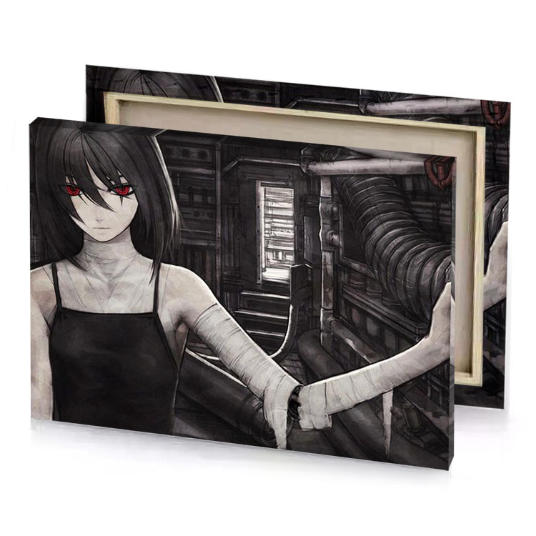 a girl with red eyes and black dress silver canvas