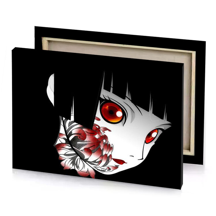 a girl with red eyes and flower in her hair burgundy canvas