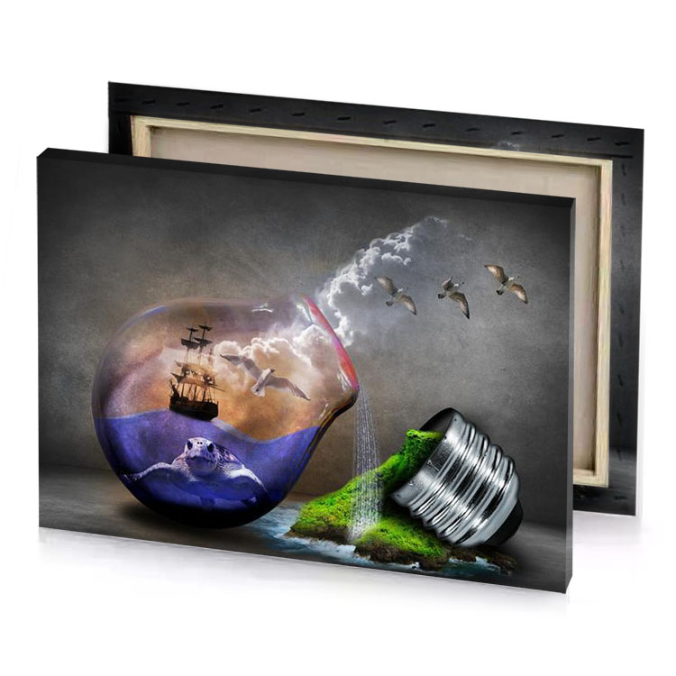 a glass globe with ship inside and green island rosy brown canvas