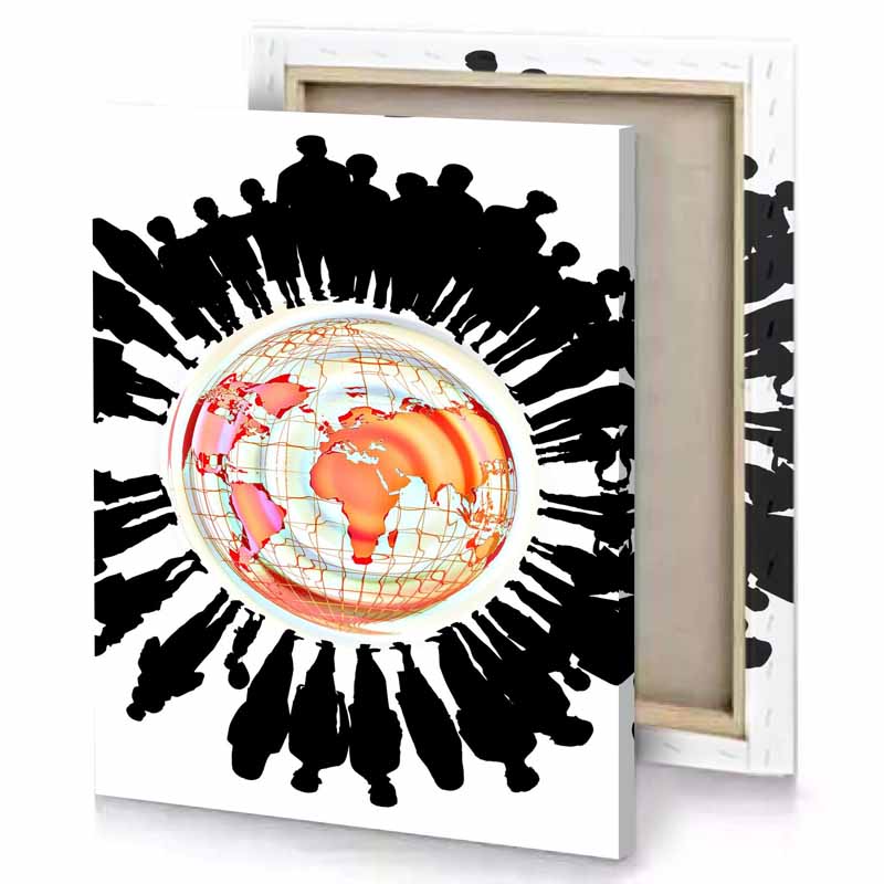 a globe with people around it salmon canvas