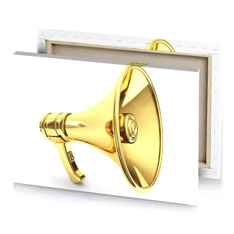 a gold megaphone on white background khaki canvas