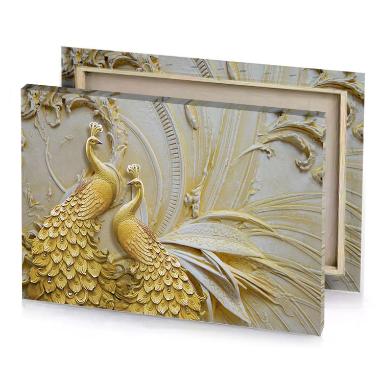 a gold peacock on wall dark khaki canvas