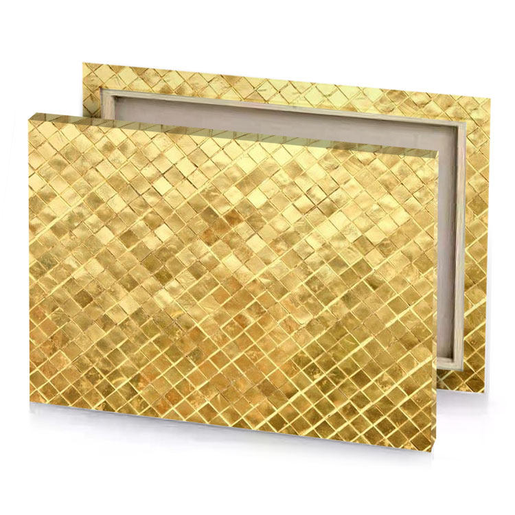 a gold tiled wall with diamond pattern fawn canvas