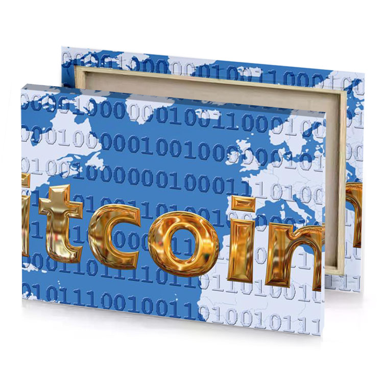 a golden bitcoin on world map steel blue canvas