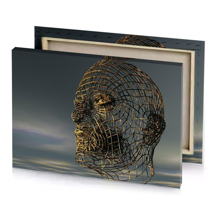 a golden wire head with cloudy sky in the background bistre canvas