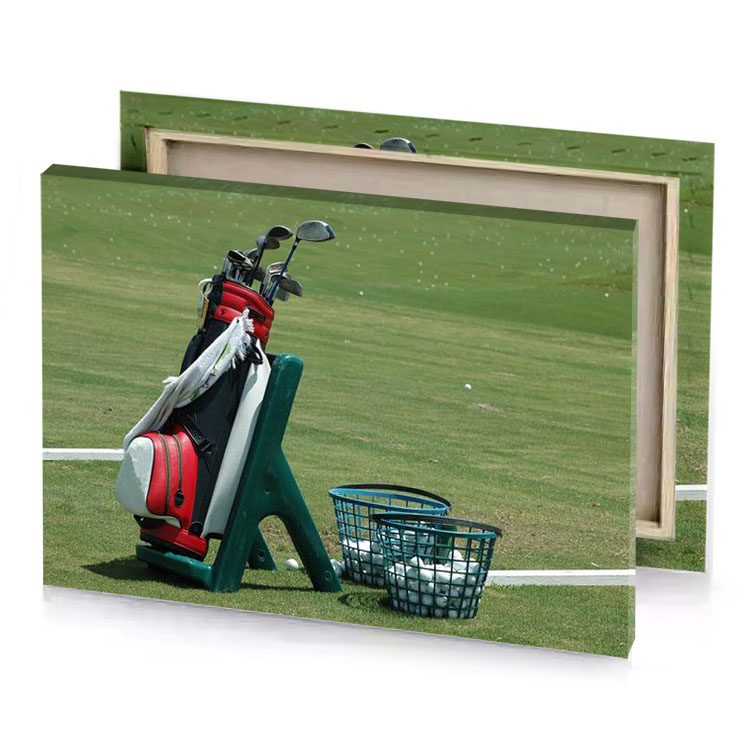 a golf bag and club on green course prussian blue canvas