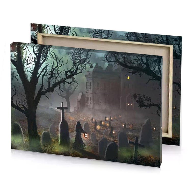 a graveyard with tombstones and in the fore gray canvas